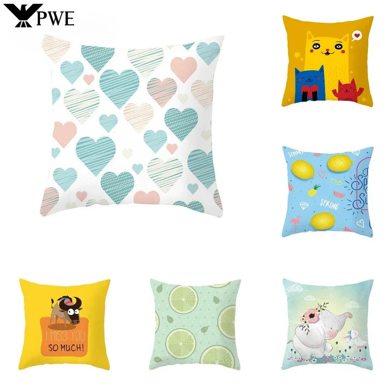 Nordic Cartoon Print Yellow Blue Cushion Cover 45*45cm by Axyaa