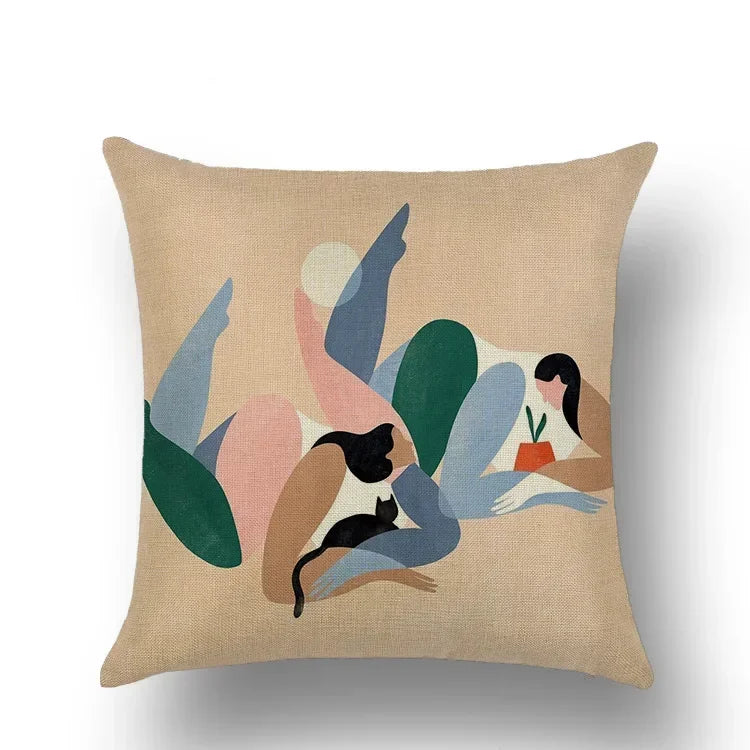 Abstract Portrait Painting Linen Sofa Pillow Case Set by Axyaa Art Decor