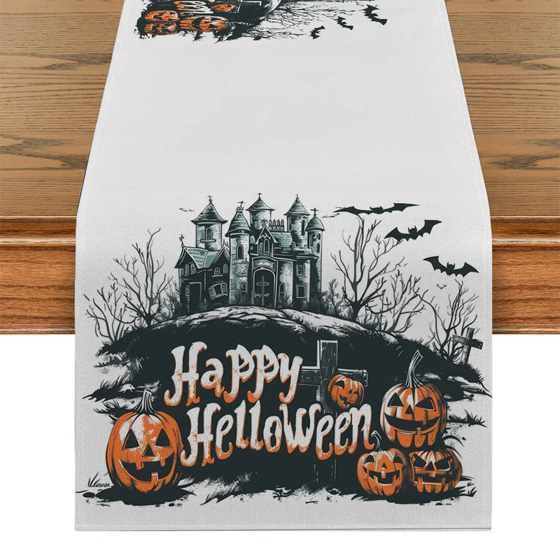 Axyaa Halloween Pumpkin Head Castle Skull Table Runner Farmhouse Kitchen Decor