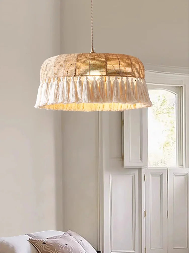 Axyaa Wabi Sabi Hemp Rope Ceiling Chandelier - Rustic Pendant Lighting for Home Decor