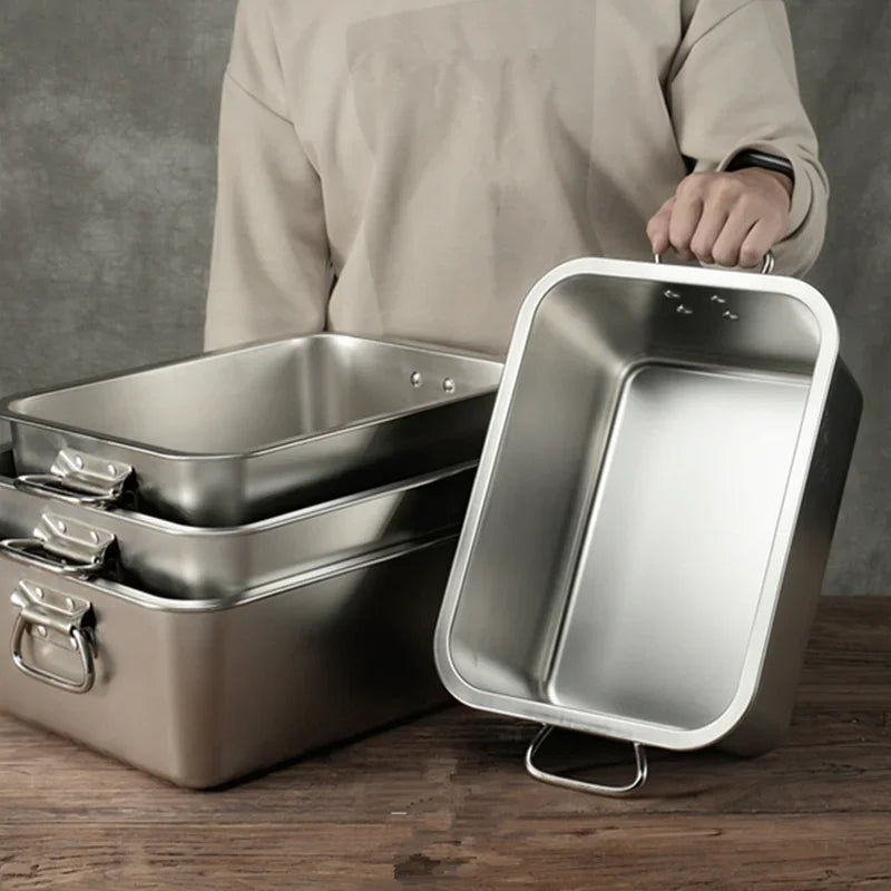 Axya 304 Stainless Steel Plate Metal Tray with Handle - Square Baking Dish BBQ Storage Tray