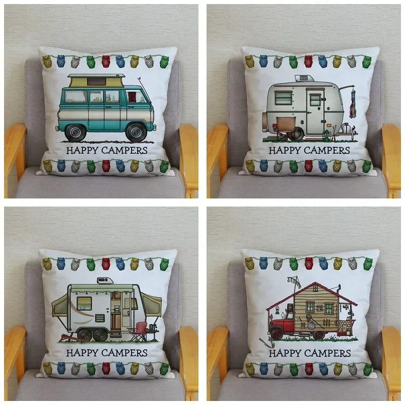 Happy Campers Owl Motorhome Print Pillow Case by Axyaa