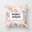 Pink Glitter Letter Flower Geometric Cushion Cover by Axyaa