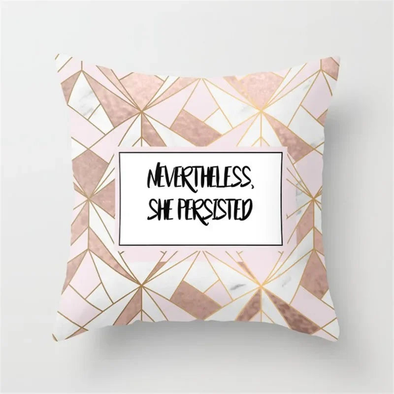 Pink Glitter Letter Flower Geometric Cushion Cover by Axyaa