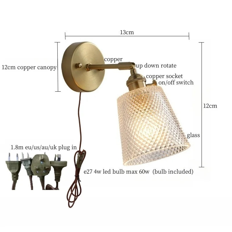 Axyaa Clear Brass Glass LED Wall Lamp with Pull Chain