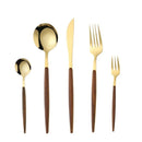 Axyaa Wood Grain Handle Gold Steak Knife and Fork Set