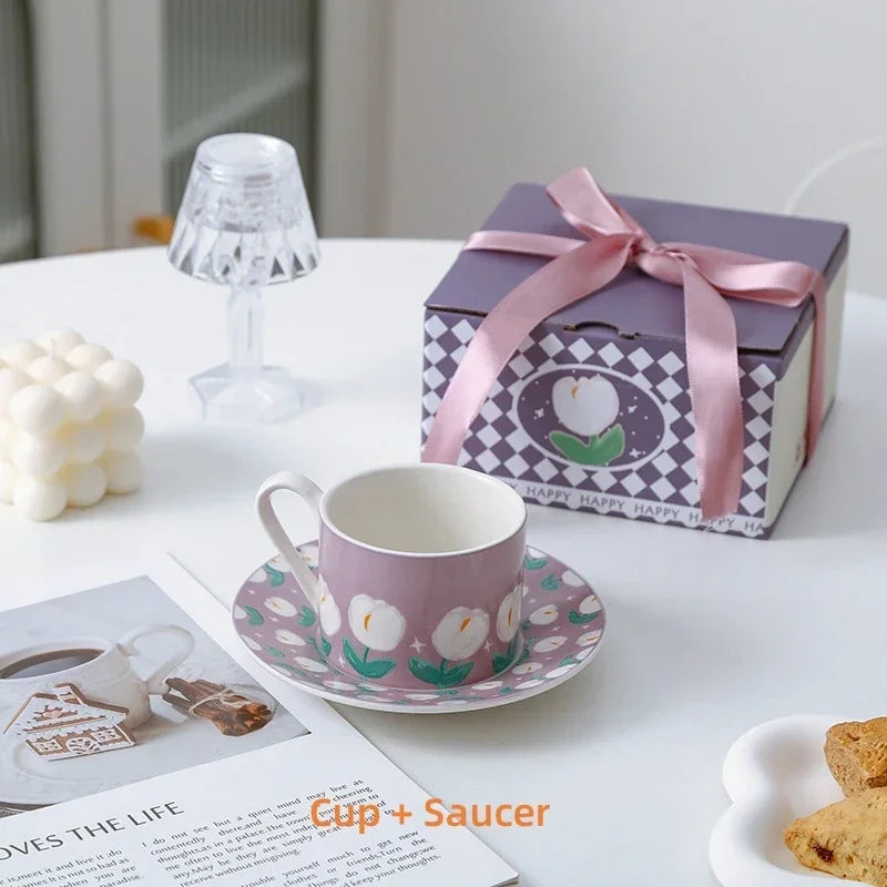 Axyaa Tulip Pattern Ceramic Cup and Saucer Set - Ideal for Tea, Coffee, and Desserts