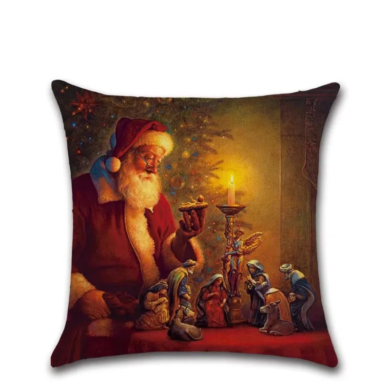 Axyaa Santa Claus Print Linen Pillow Cover - 45X45cm