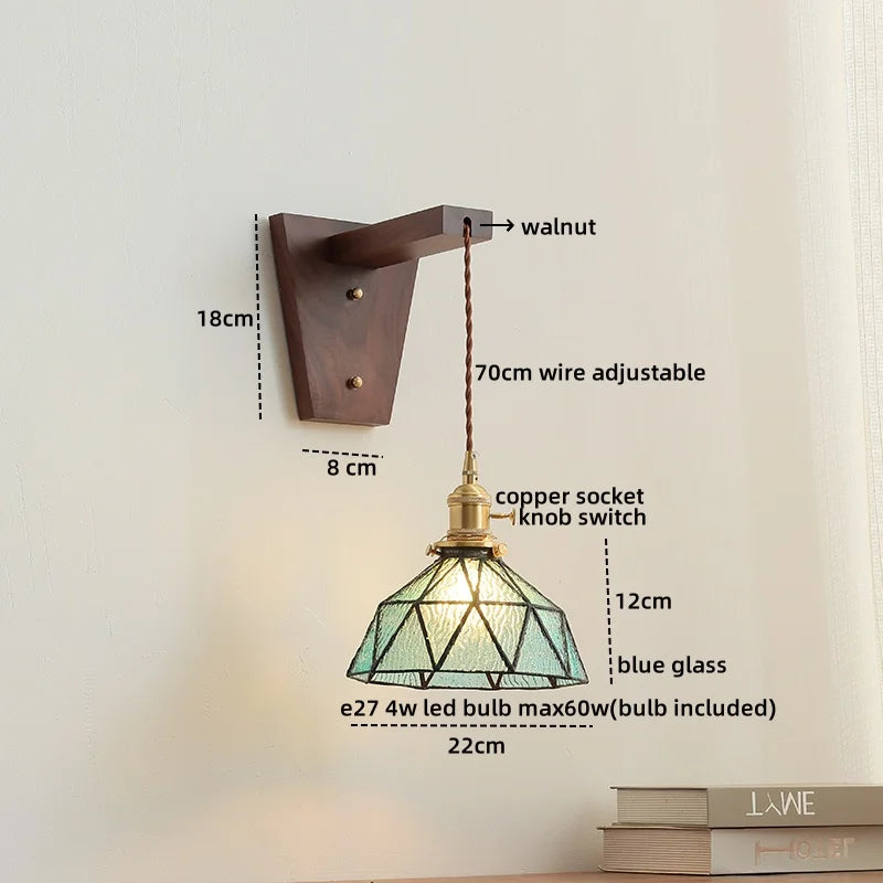 Axyaa Nordic Glass Walnut LED Wall Lights with Pull Chain Switch for Bedroom