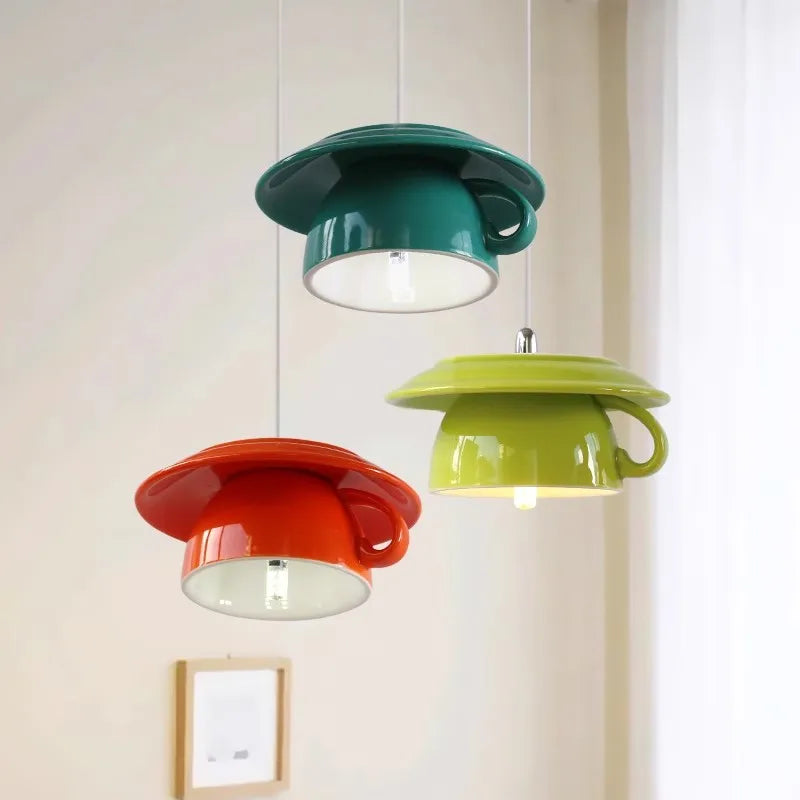 Colorful Tea Cup Pendant Lamps LED Ceramic Hanging Lamp - Axyaa