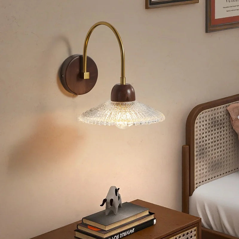 Axyaa Modern Wood Glass LED Wall Light for Bedroom and Living Room
