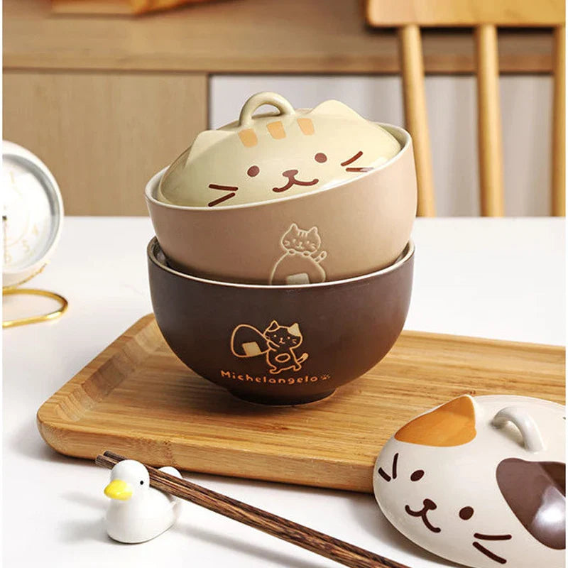 Axya 550ml Cartoon Cat Ceramic Noodle Bowl With Lid - Soup Salad Kitchen Lunch Box