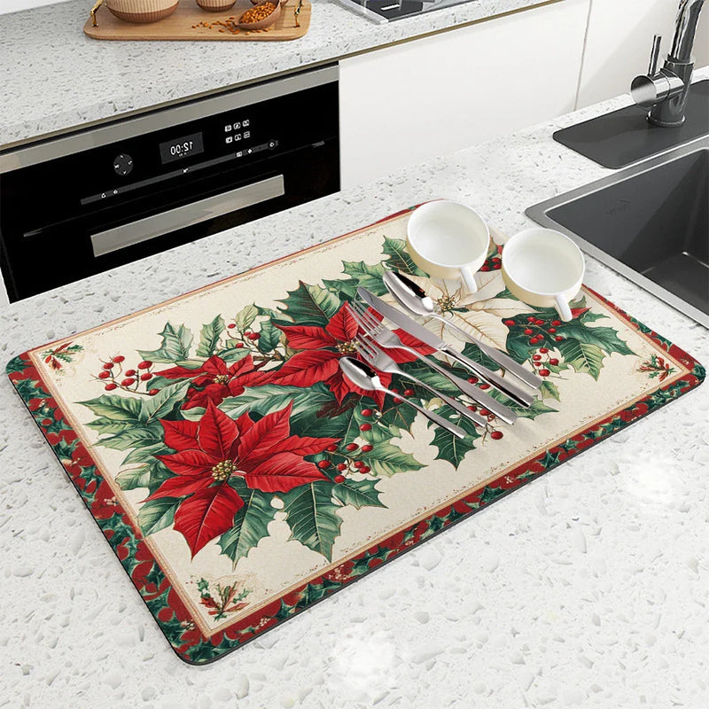 Axyaa Christmas Holly Coffee Cup Drying Mat
