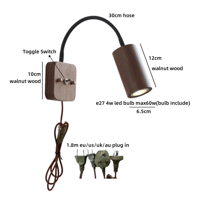 Axyaa Walnut Wood LED Wall Lamp 30cm Black Hose, Modern Nordic Design