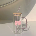 Axyaa 350ML Square Mug with Lids, Straws, Bow Handle - Pink Female Milk Coffee Cup