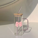 Axyaa 350ML Square Mug with Lids, Straws, Bow Handle - Pink Female Milk Coffee Cup