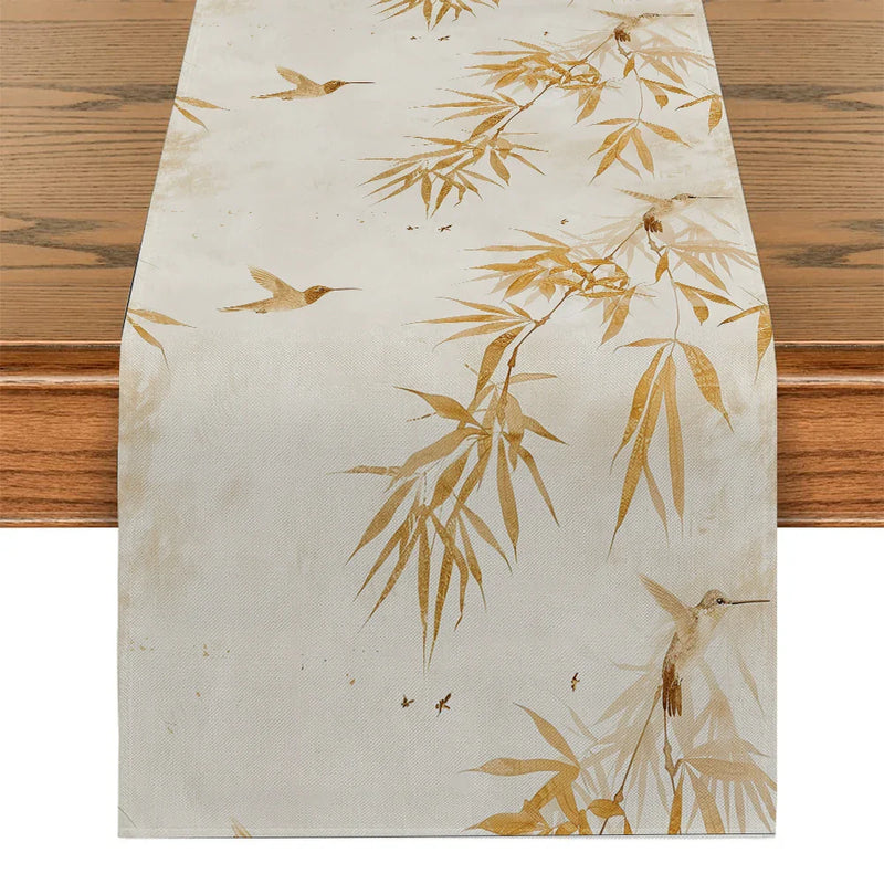 Axyaa Bamboo Leaves Hummingbird Table Runner - Farmhouse Dining Wedding Party Decor
