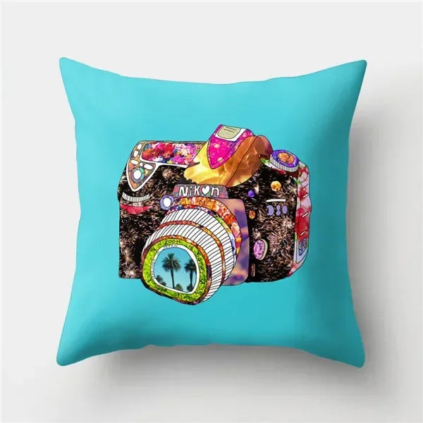 Axyaa Retro Cityscape Gramophone Guitar Drum Camera Print Cushion Cover