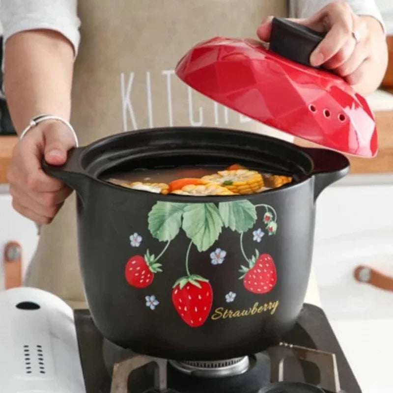 Axya Ceramic Strawberry Casserole Soup Pot - Red Round Kitchenware