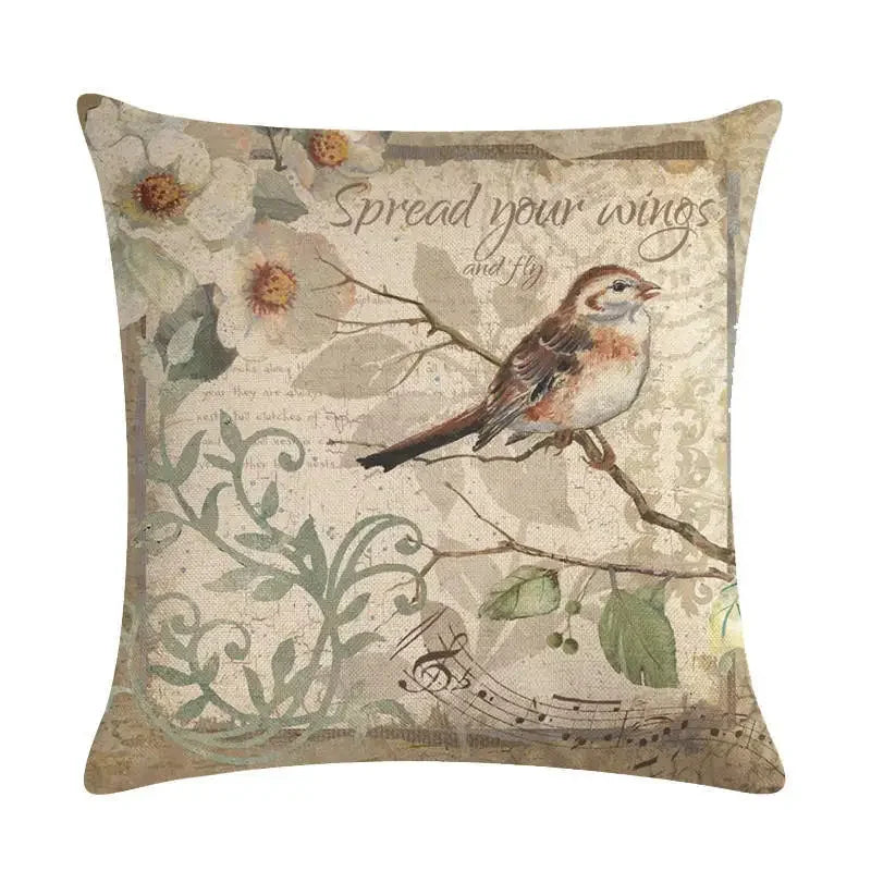 Axyaa Retro Bird Branch Linen Pillow Cover for Home Decor and Comfort