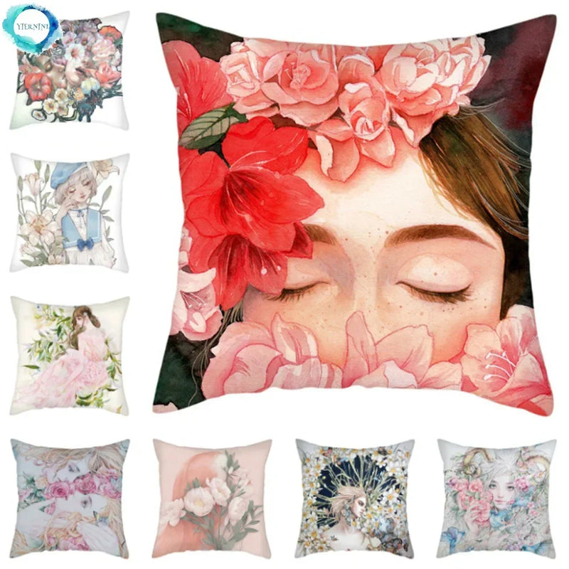 Axyaa Abstract Flower Girl Pillow Cover 45x45cm for Home Sofa Decoration