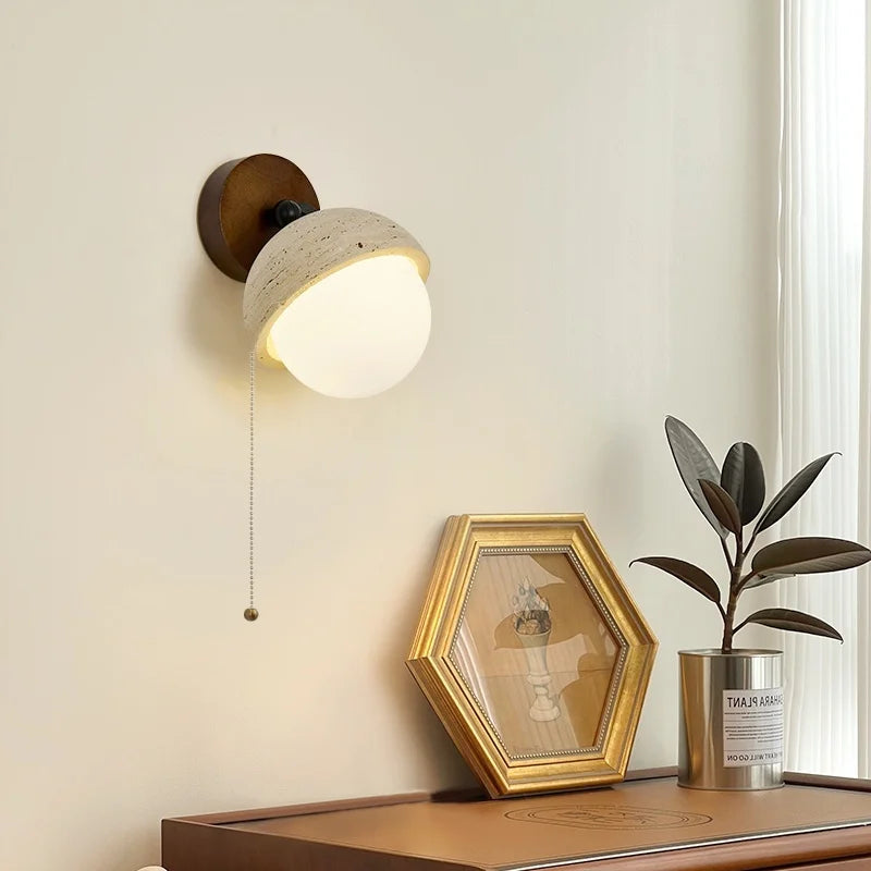 Axyaa White Glass LED Wall Lamps Pull Chain Yellow Travertine Modern Nordic Light