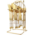 Axyaa Gold Ceramic Dinnerware Set with Stainless Steel Flatware & Cutlery in Luxe Storage Rack