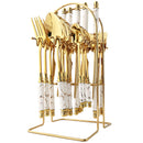 Axyaa Gold Ceramic Dinnerware Set with Stainless Steel Flatware & Cutlery in Luxe Storage Rack