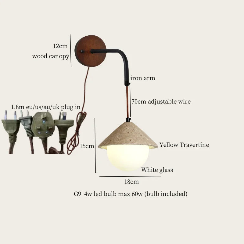 Axyaa Stone Glass LED Wall Light 70CM Adjustable Yellow Travertine Wabi Sabi Bedroom Lamp