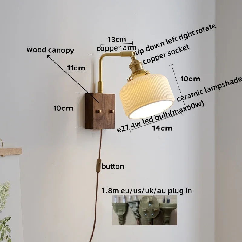 Axyaa Ceramic Copper LED Wall Lamps with Pull Chain Switch for Home Decor