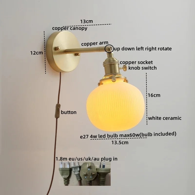 Nordic Modern LED Wall Light Axyaa Ceramic Bedside Lamp Pull Chain Switch
