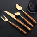 Axyaa 24Pcs Stainless Steel Bamboo Handle Cutlery Set Dinnerware Flatware