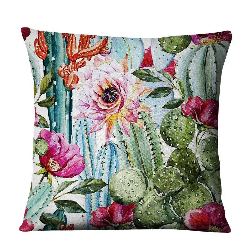 Luxurious Axyaa Succulent Cactus Flower Printed Linen Throw Pillow Case