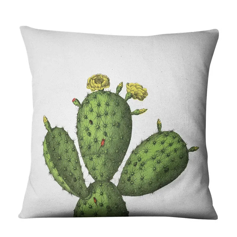 Luxurious Axyaa Succulent Cactus Flower Printed Linen Throw Pillow Case