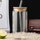 Axyaa Glass Cups with Bamboo Lids and Straw, Mason Jars Coffee Mug Beer Can Shape