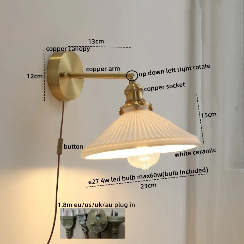 Nordic Modern LED Wall Light Axyaa Ceramic Bedside Lamp Pull Chain Switch