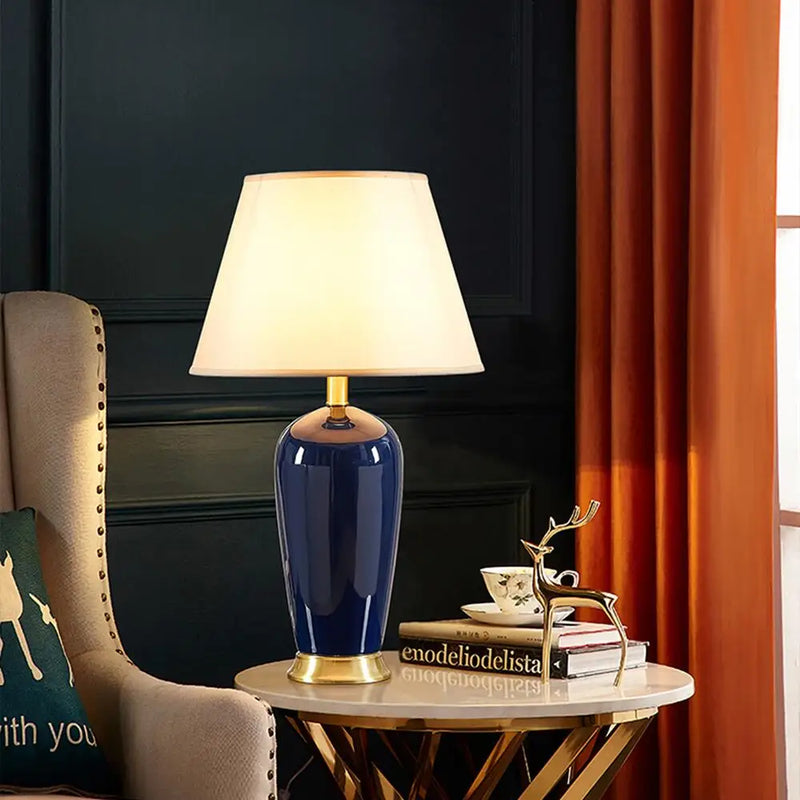 Luxury Dark Blue Ceramic Table Lamp with Remote Control for Bedroom and Living Room by Axyaa