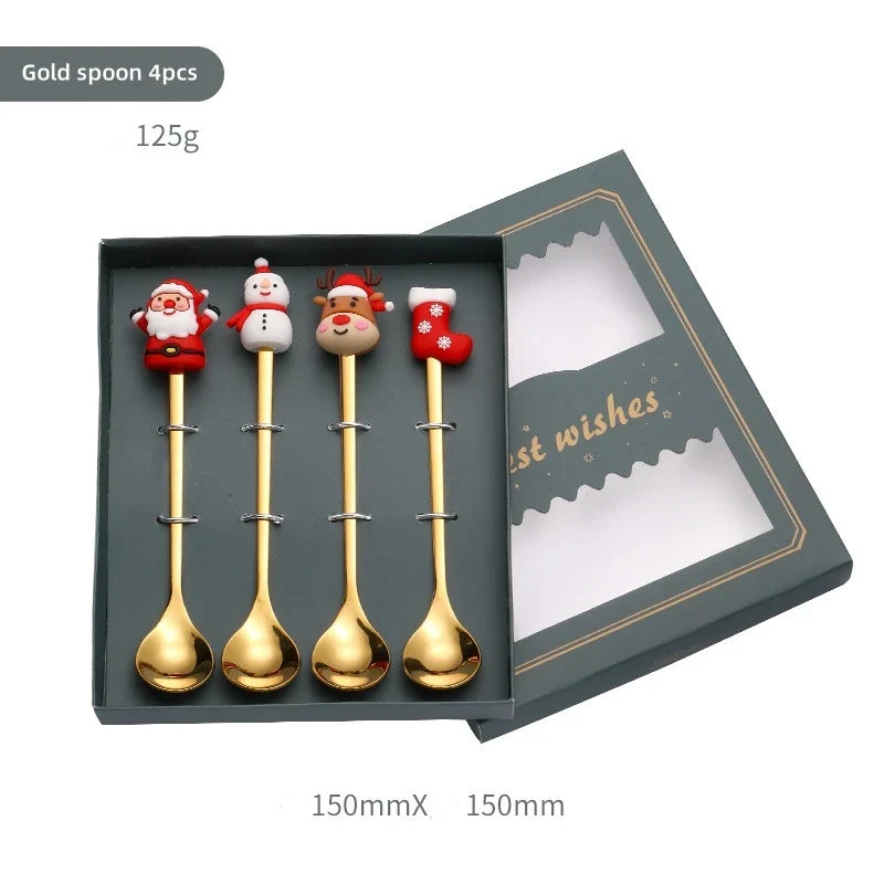 Axyaa Christmas Cutlery Set: Spoon, Fork, Elk Tree Decoration, Dessert Scoop
