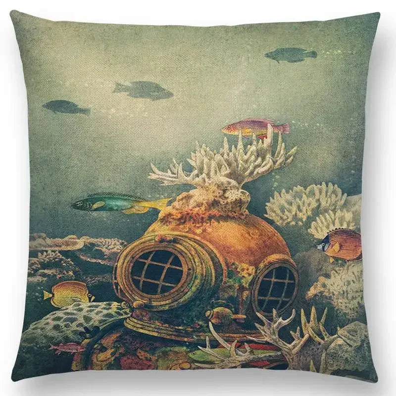 Cute Ghost Sailboat Whale Diver Cushion Cover by Axyaa