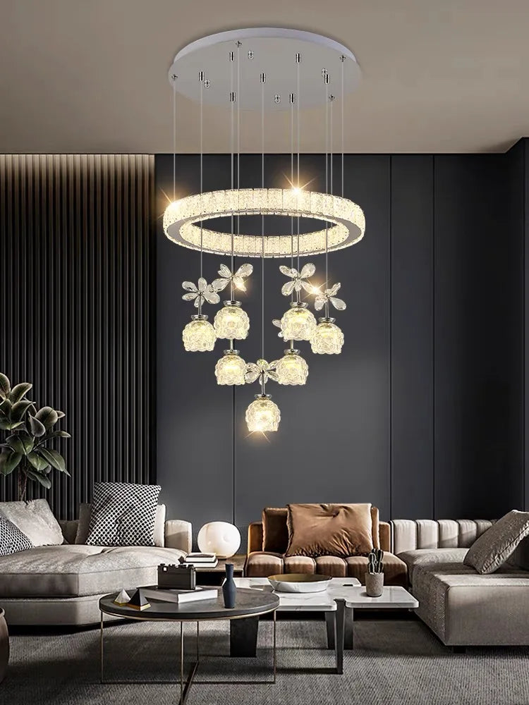 Axyaa Crystal Petal Ceiling Chandelier: Modern Round Chrome Hanging Light Fixture