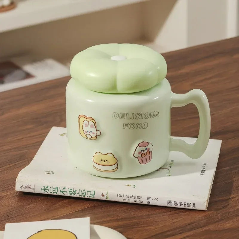 Axyaa Cartoon Ceramic Breakfast Coffee Mug with Lid for Home and Office