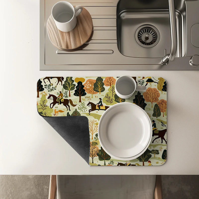 Axyaa Watercolor Plant Branches Drying Mat - Non-Slip Absorbent Tableware Counter Mat