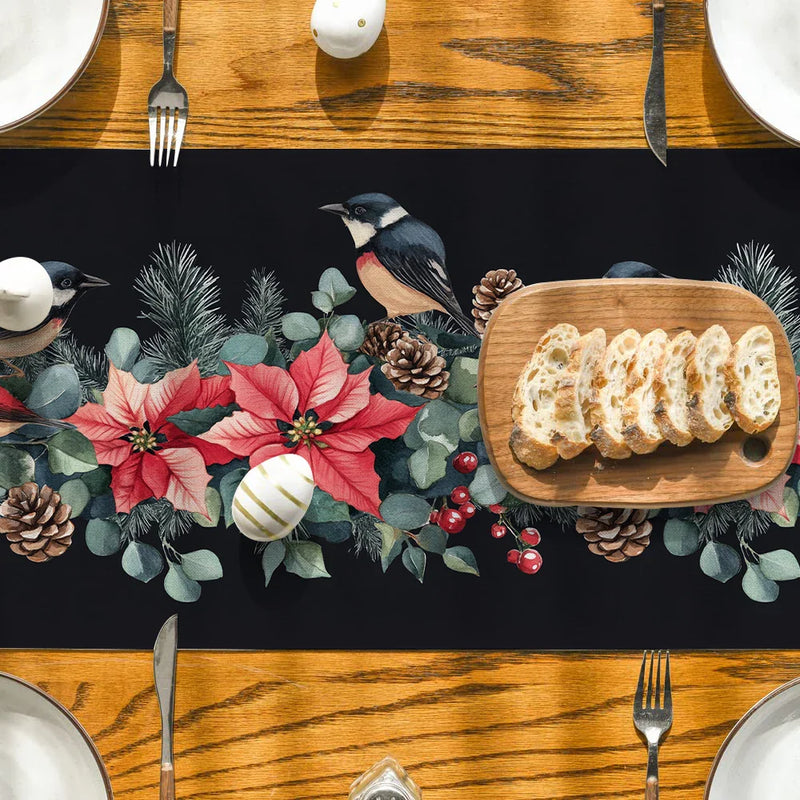 Axyaa Festive Table Runner - Christmas Bird Poinsettia Holly Fir Pine Cone