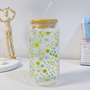 Axyaa Flower Glass Tumbler Bamboo Lid Straw 500ml Can Shaped Coffee Tea Juice Cup