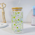 Axyaa Flower Glass Tumbler with Bamboo Lid & Straw, 500ml Can Shape - Gift Idea