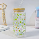 Axyaa Flower Glass Tumbler with Bamboo Lid & Straw, 500ml Can Shape - Gift Idea