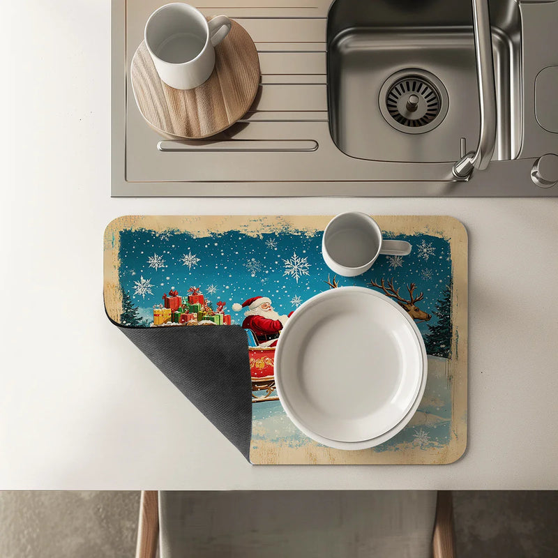 Axyaa Christmas Santa Kitchen Absorbent Mat - Antiskid & Quick Draining Tableware Mat