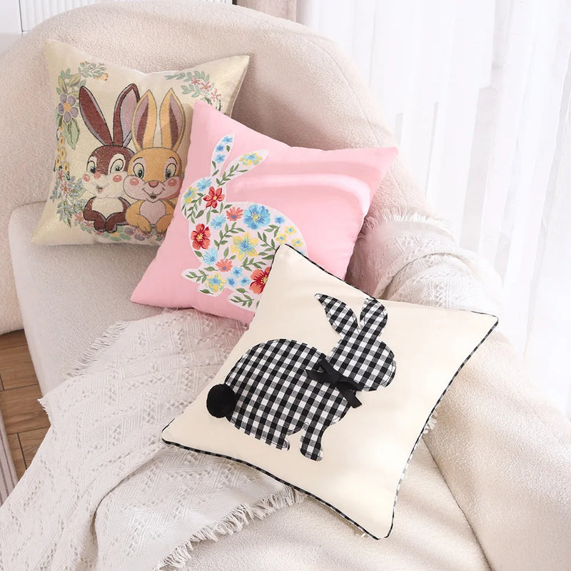 Axyaa Pink Floral White Floral Bunny Embroidered Cushion Cover
