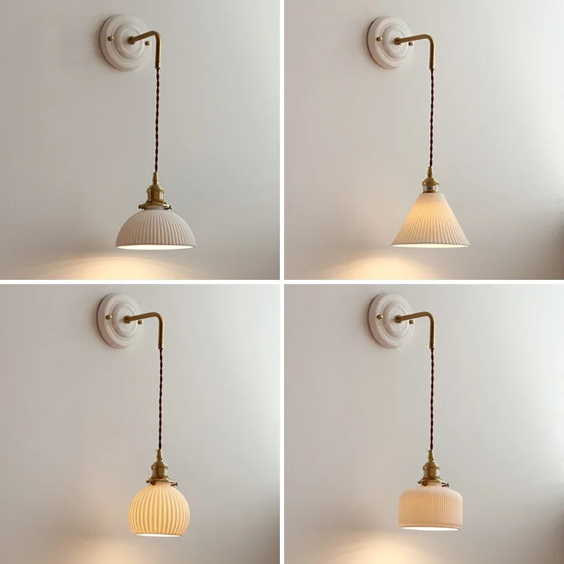 Axyaa Small Pleats Ceramic LED Wall Light Fixture Copper Arm Pull Chain Switch