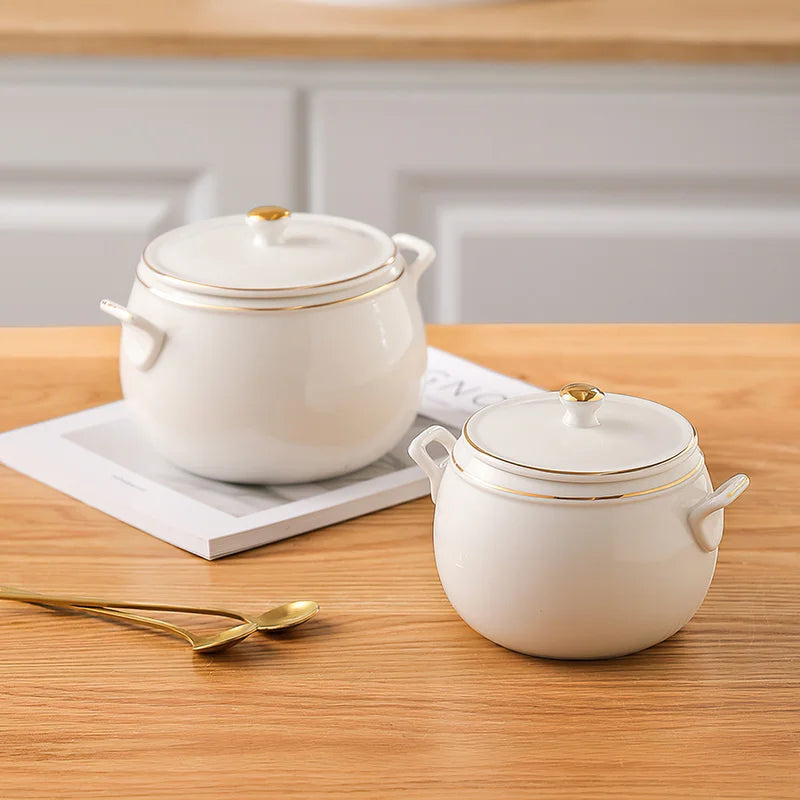 Axya Pure White Gold Edge Stew Bowl with Lid - Korean Design Soup & Dessert Cup